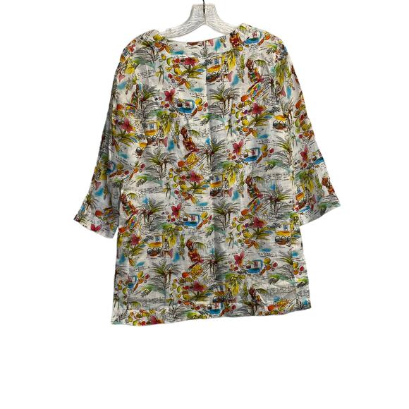 michael's women floral print beach tunic blouse Linen sz m v neck 3/4 sleeve - Picture 7 of 10